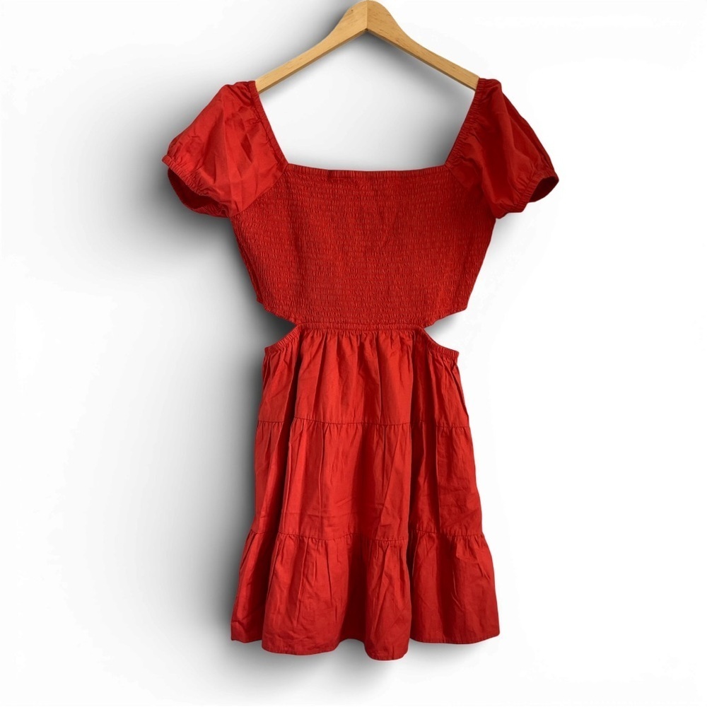 💕 RETROD Women’s Sheared Bodice Puffy Sleeves Scarlet Red Flowing Mini Dress